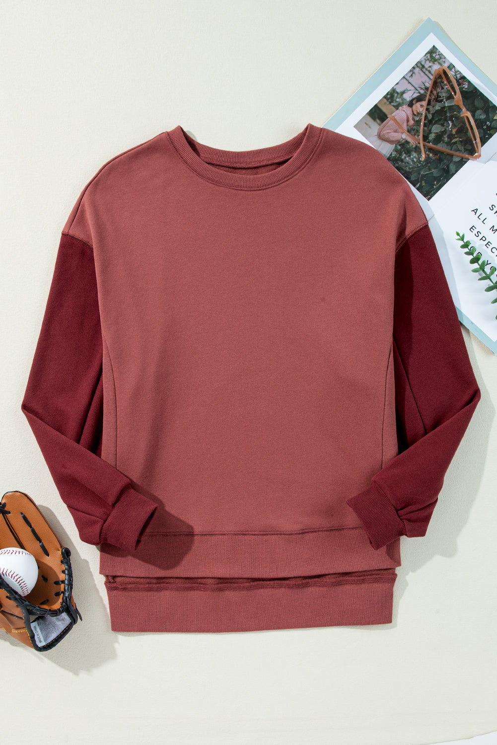 Mineral Red Two Tone Patchwork Drop Shoulder Pullover Sweatshirt