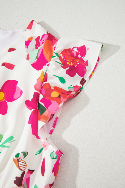 Pink Floral Print V Neck Ruffle Sleeve Plus Size Midi Dress