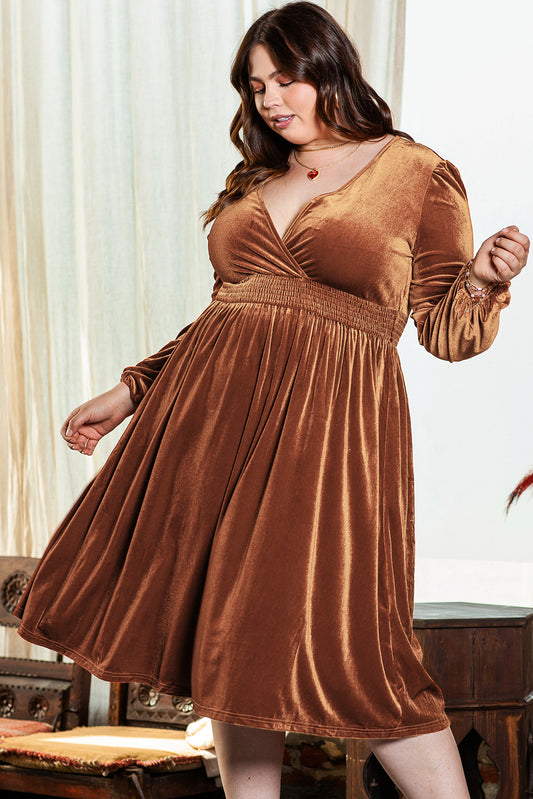 Camel Surplice V Neck Balloon Sleeve Velvet Dress