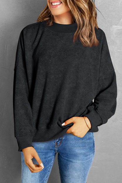 Black Drop Shoulder Crew Neck Pullover Sweatshirt