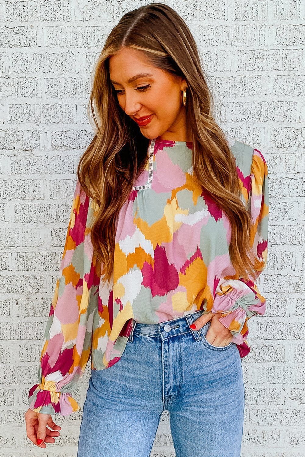 Multicolor Abstract Printed Long Sleeve Blouse