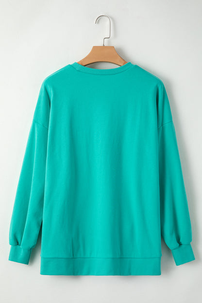 Aruba Blue Solid O Neck High Low Hem Pullover Sweatshirt