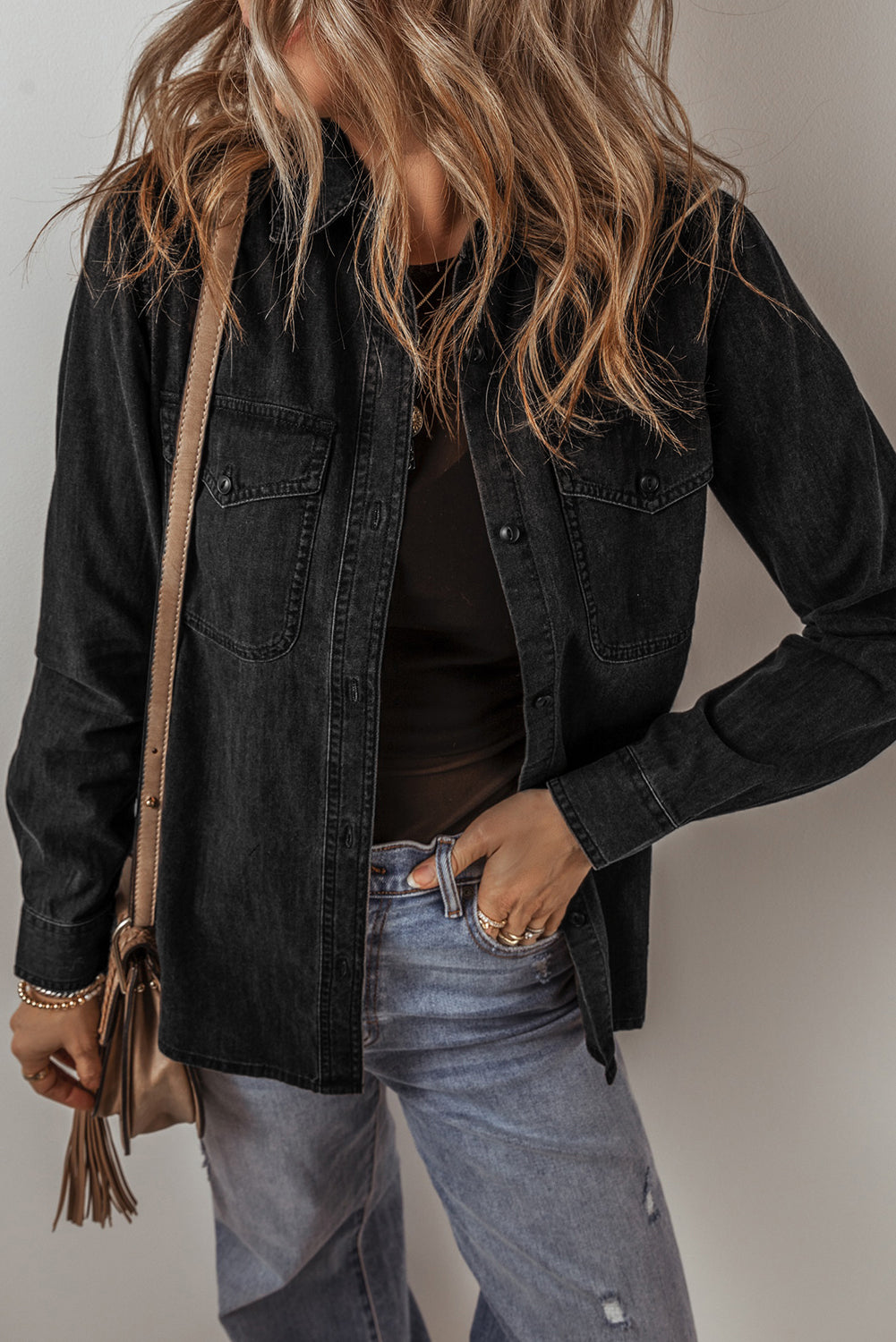 Black Flap Pocket Buttons Collared Jean Jacket