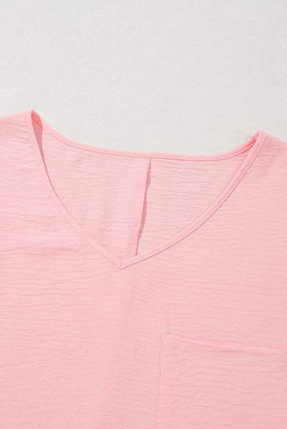 Pink Textured Half Sleeve V Neck Plus Size T Shirt with Chest Pocket