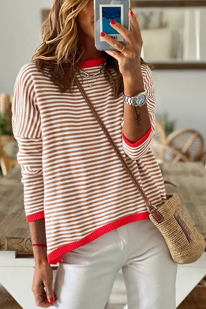 Brown Contrast Trimmed Striped Drop Shoulder Sweater