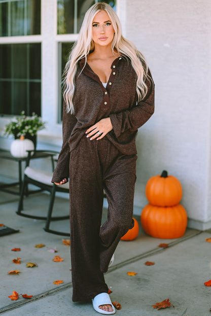 Brown Ribbed Knit Collared Henley Top and Pants Lounge Outfit