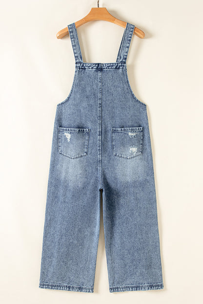 Stone Blue Distressed Bib Pocket Wide Leg Denim Overall