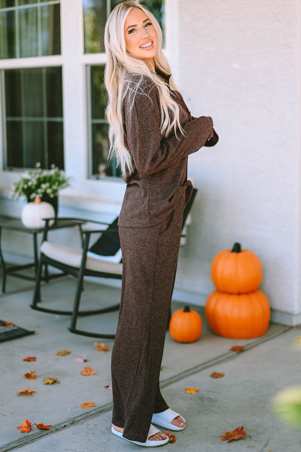 Brown Ribbed Knit Collared Henley Top and Pants Lounge Outfit