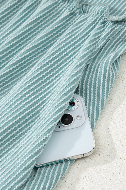 Canton Corded Knit Textured Patched Pocket Frilled Swing Mini Dress with Pockets