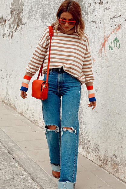 Brown Stripe Colorblock Bishop Sleeve Turtleneck Sweater