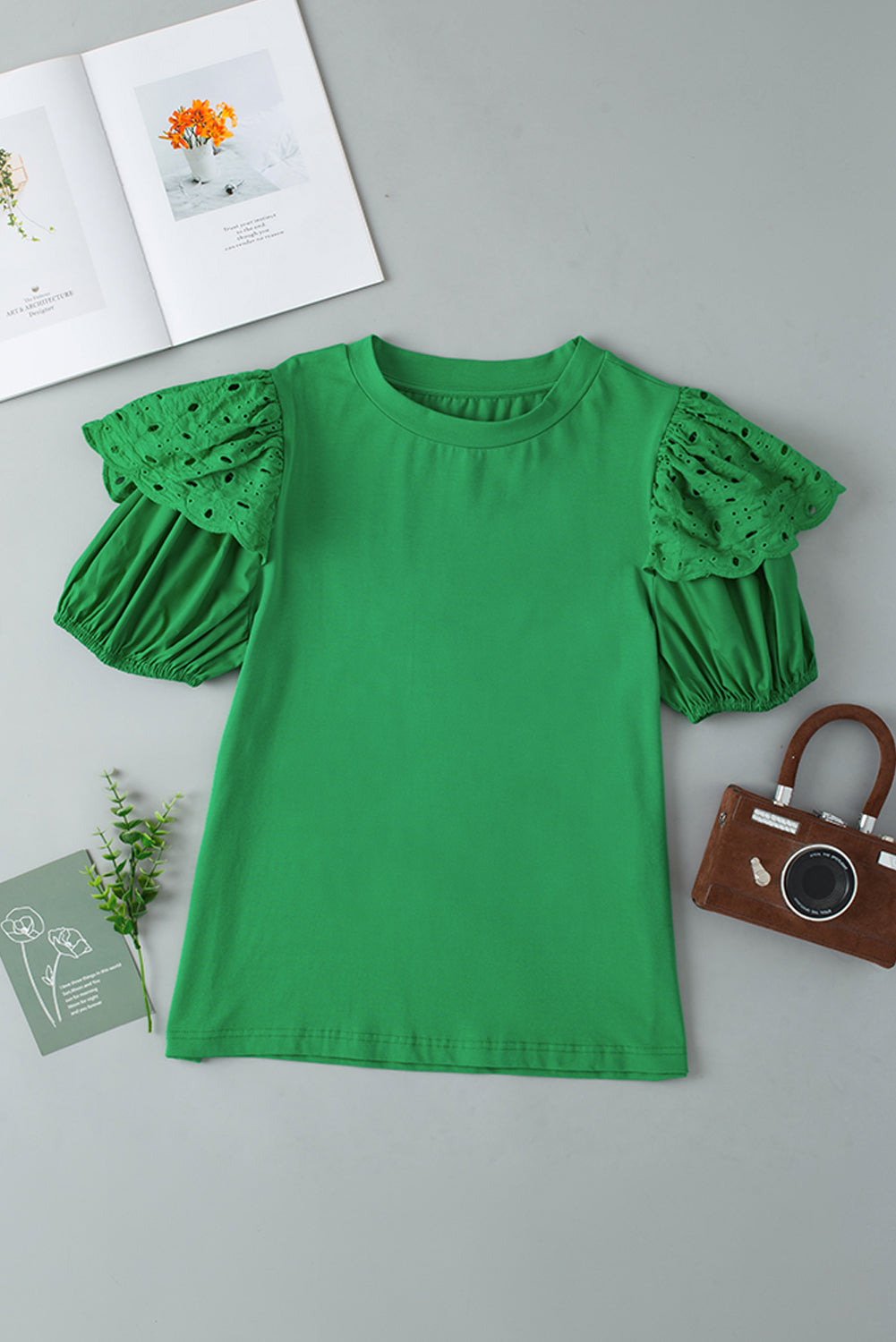 Bright Green Anglaise Embroidered Puff Short Sleeve Top