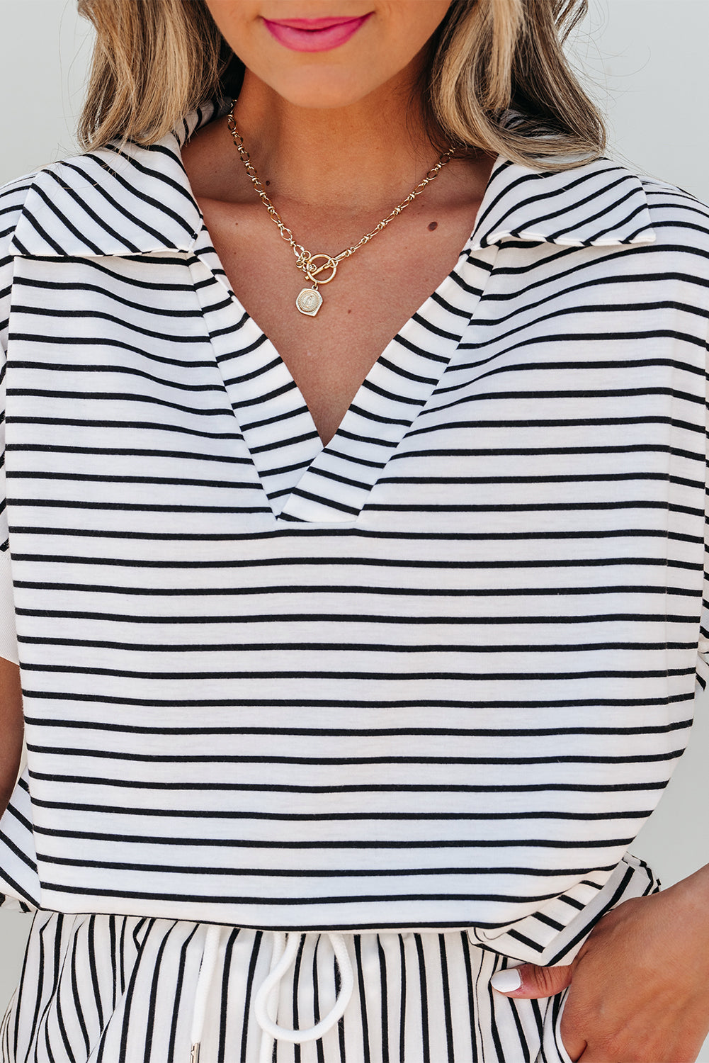 Black Stripe V Neck Tee and Casual Short Set