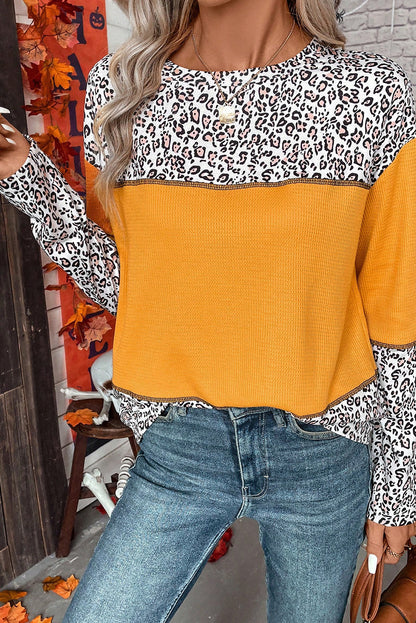 Vitality Orange Leopard Print Waffle Knit Patchwork Top