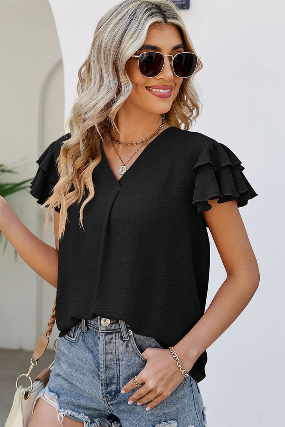 Black V Neck Ruffle Short Sleeve Blouse