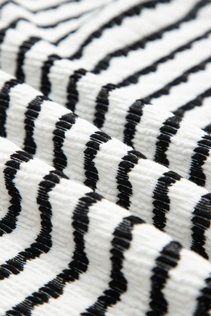 Black Stripe Knitted Short Sleeve Top and Drawstring Shorts Set