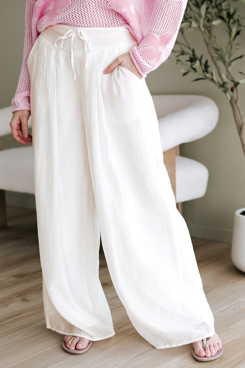 White Casual Tie Waist Pleated Wide Leg Pants