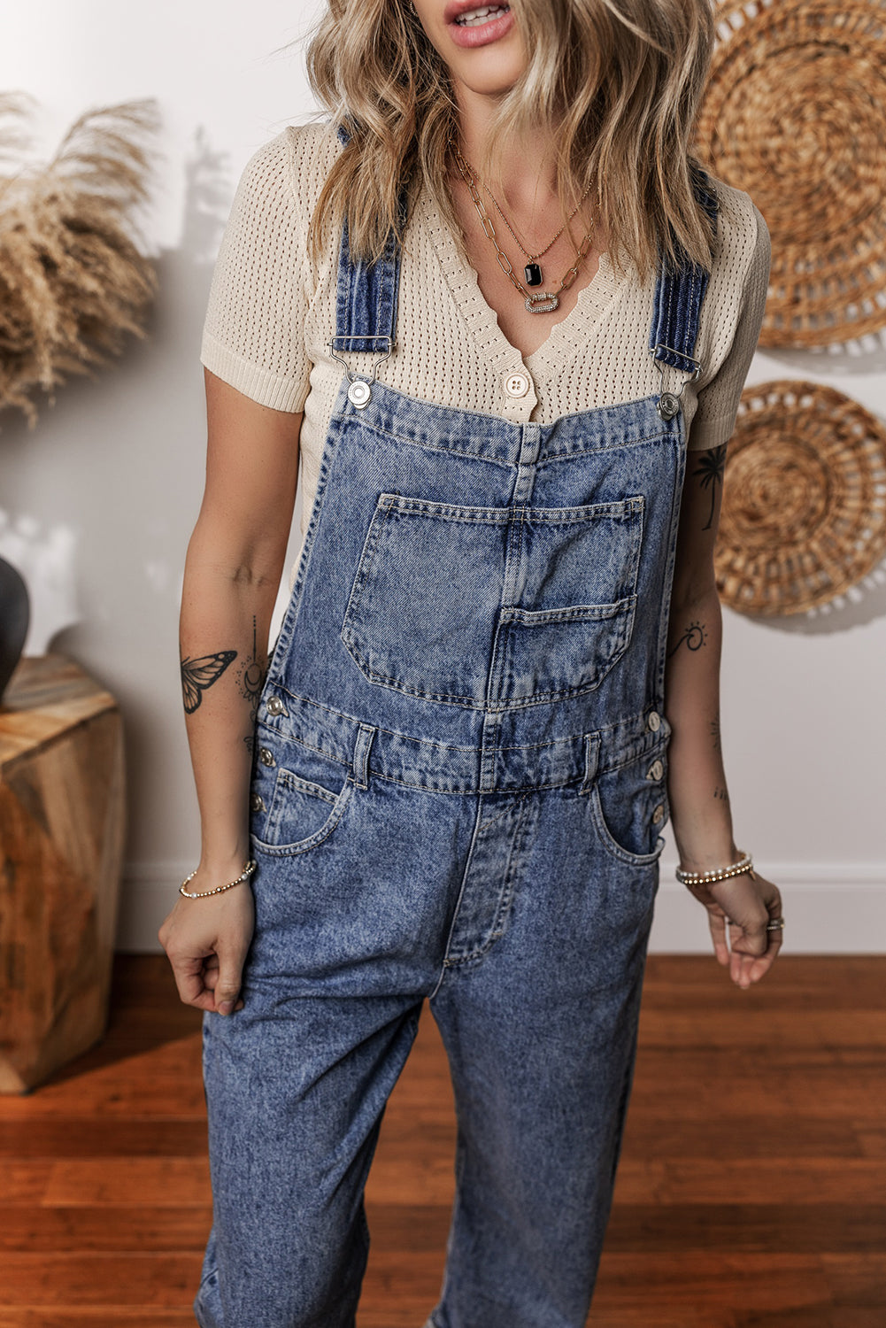 Sail Blue Denim Bib Straight Leg Jumpsuit with Pockets