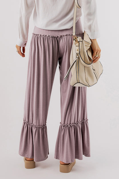 Khaki Frilled Drawstring High Waist Wide Leg Pants