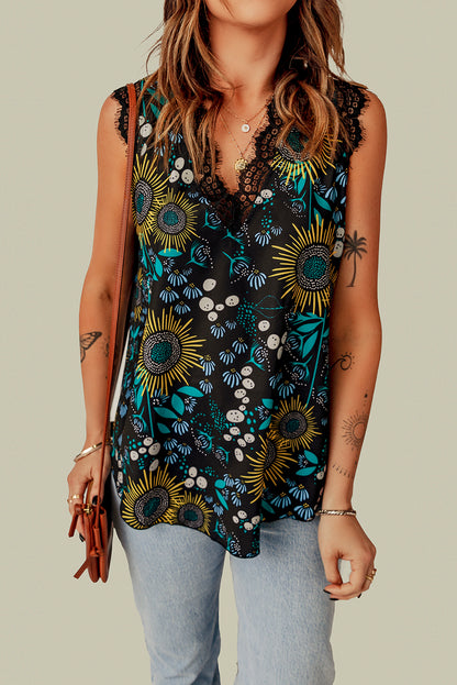 Black V Neck Lace Trim Floral Tank