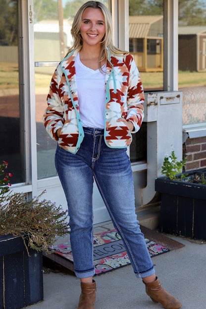 Fiery Red Western Aztec Buttoned Zipper Pockets Fleece Jacket