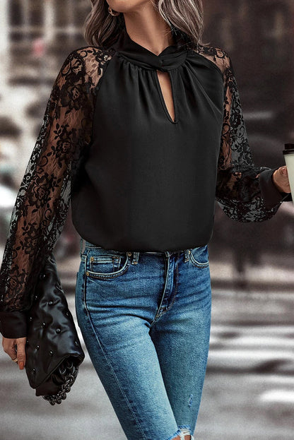 Black Keyhole Neckline Floral Lace Raglan Sleeve Blouse