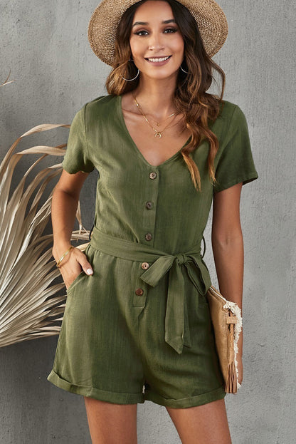 V-Neck Short Sleeve Tie Belt Romper with Pockets