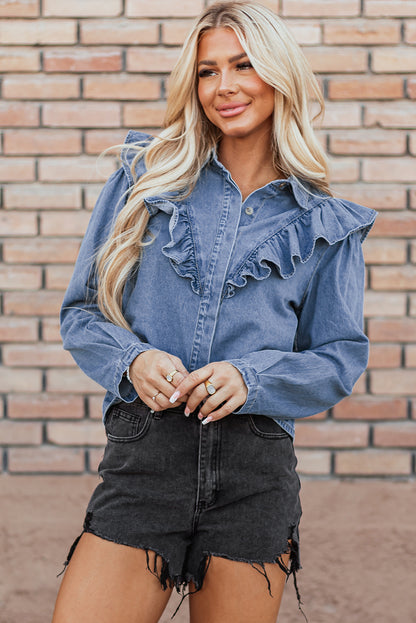 Dusk Blue Denim Ruffled Casual Top