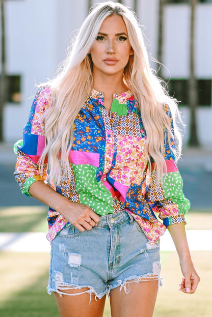 Multicolor Floral Patchwork Print Buttoned Puff Sleeve Shirt