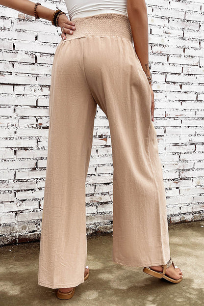 Khaki Smocked Wide Waistband High Waist Wide Leg Pants