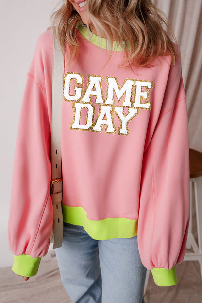 Pink GAME DAY Glitter Color Block Crew Neck Sweatshirt