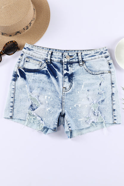 Sky Blue Distressed Bleached Denim Shorts