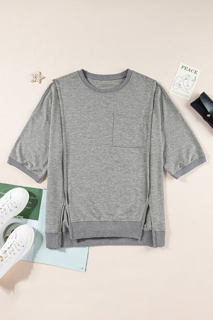 Light Grey Exposed Seam Chest Pocket Split Loose T Shirt