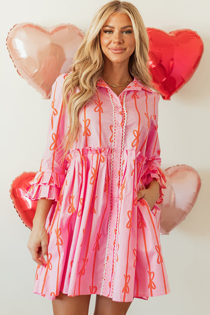 Pink Bowknot Striped Printed Tiered Ruffled Mini Shirt Dress