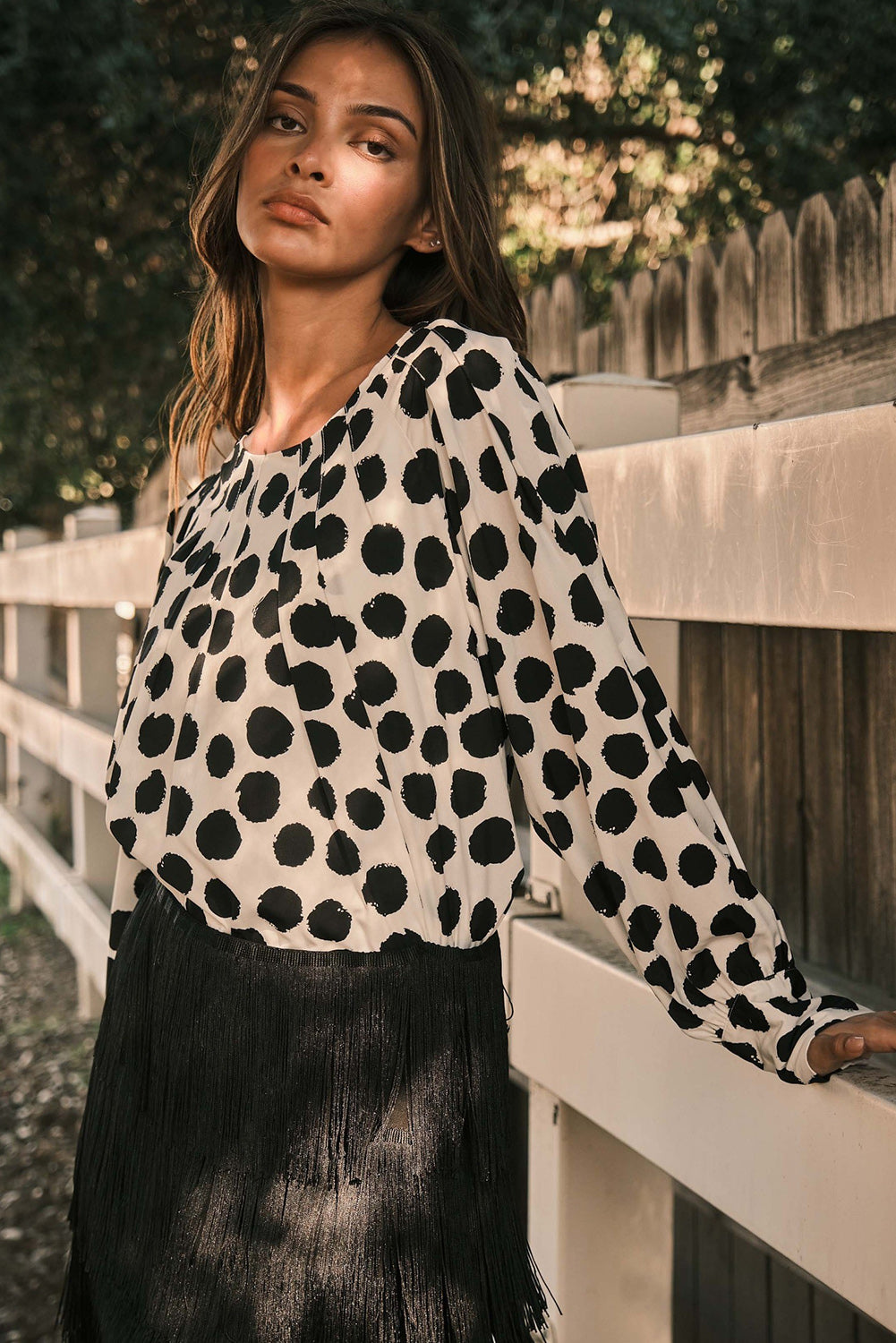 Black Polka Dot Print Buttoned Sleeve Pleat Blouse