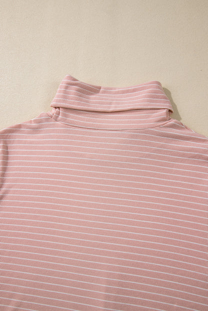 Pink Stripe Cowl Neck Side Slits Loose Fit Long Sleeve Top