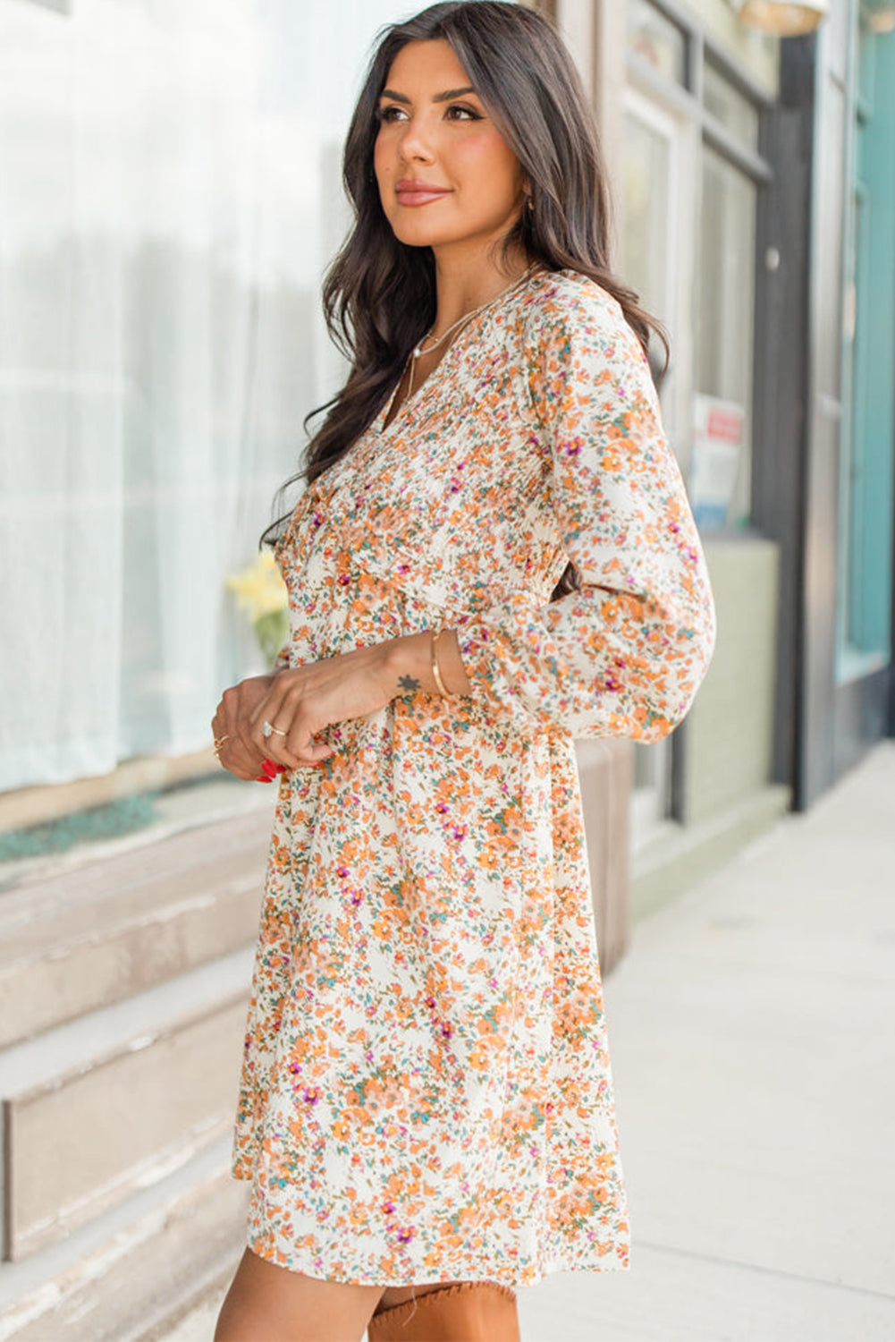 Yellow Boho Floral V Neck Ruffled Empire Waist Long Sleeve Mini Dress