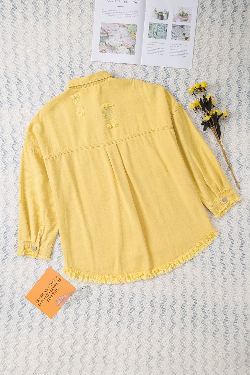 Yellow Distressed Fringe Trim Denim Jacket