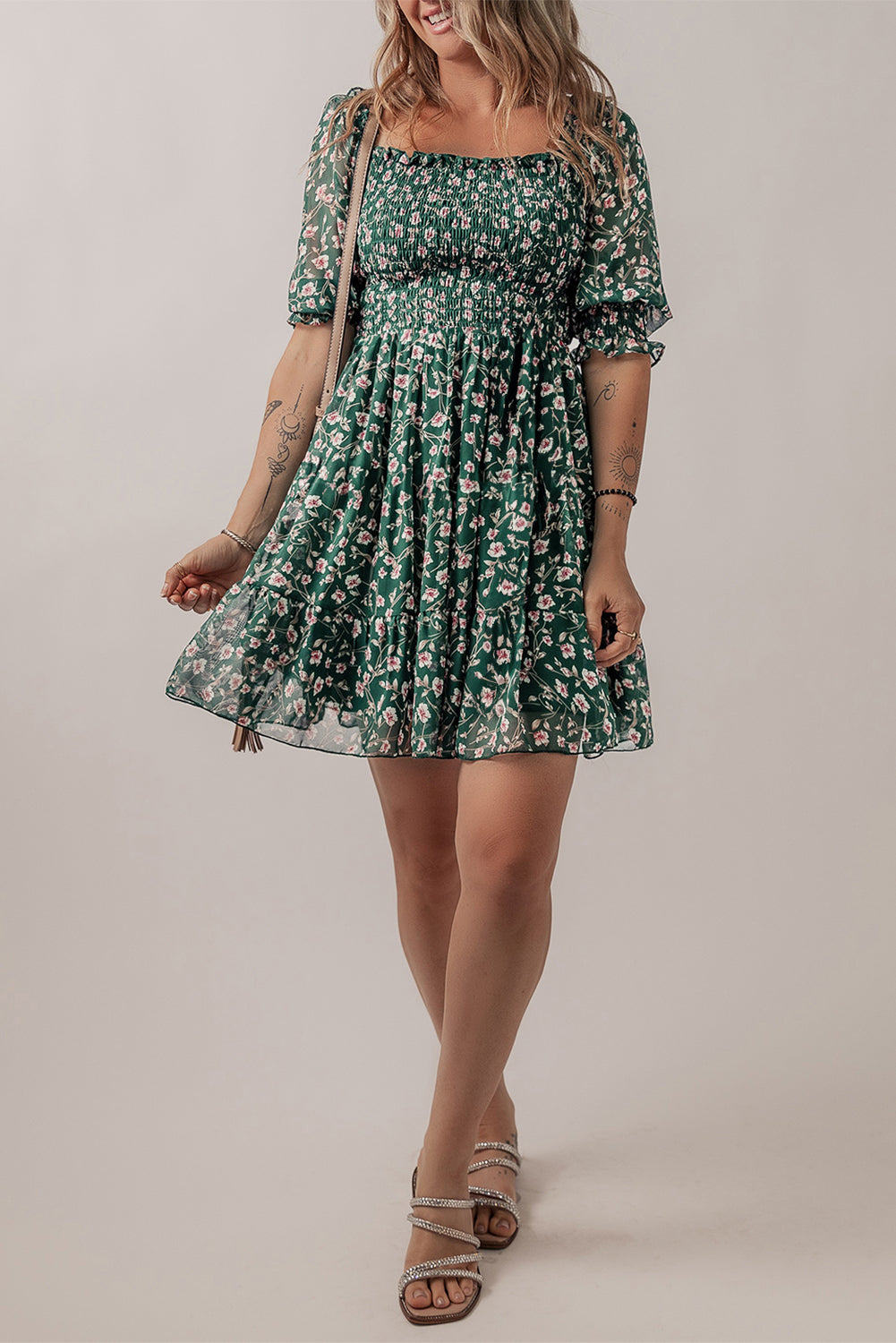 Green Smocked Square Neck Puff Short Sleeve Floral Mini Dress