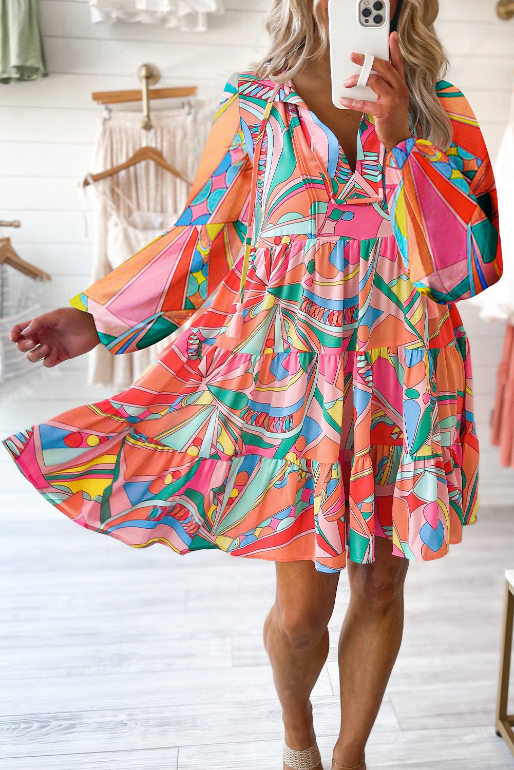 Multicolor Geometric Print Split Neck Ruffle Tiered Mini Dress