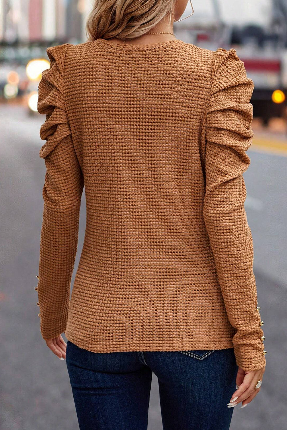 Chestnut Solid Color Textured Buttoned Gigot Sleeve Top