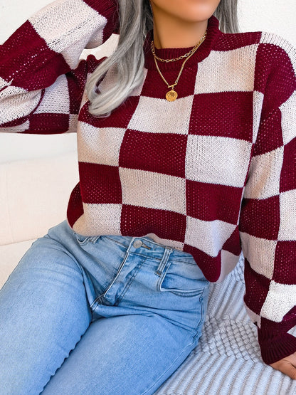 Checkered Mock Neck Long Sleeve Sweater