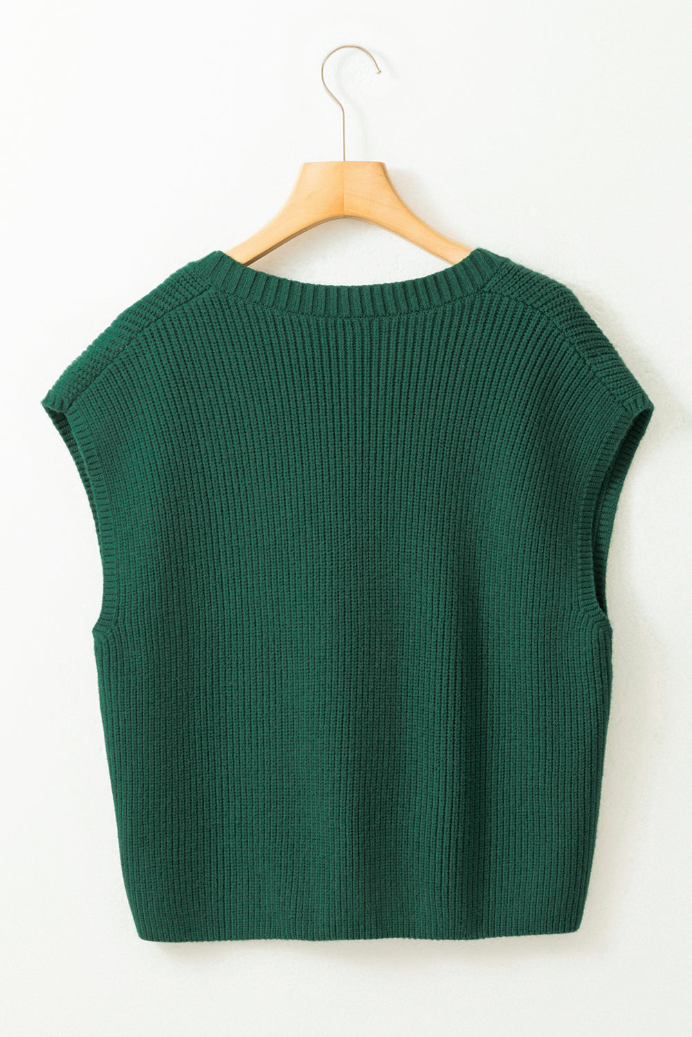 Blackish Green Chest Pocket V Neck Ribbed Cap Sleeve Sweater