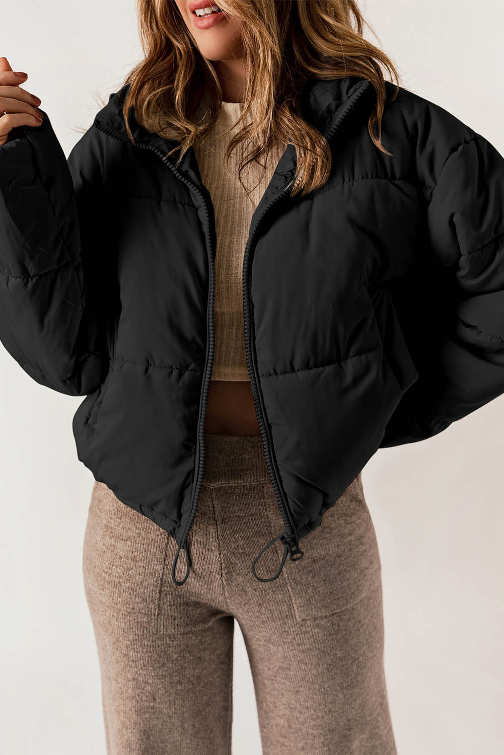 Black Zip Up Drawstring Hem Puffer Jackets