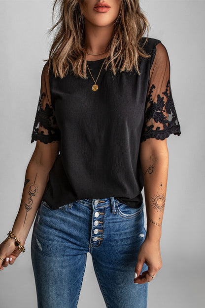 Black Floral Lace Sleeve Patchwork Top