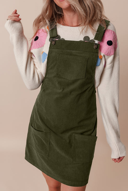 Vineyard Green Solid Front Pockets Sleeveless Corduroy Overall Dress