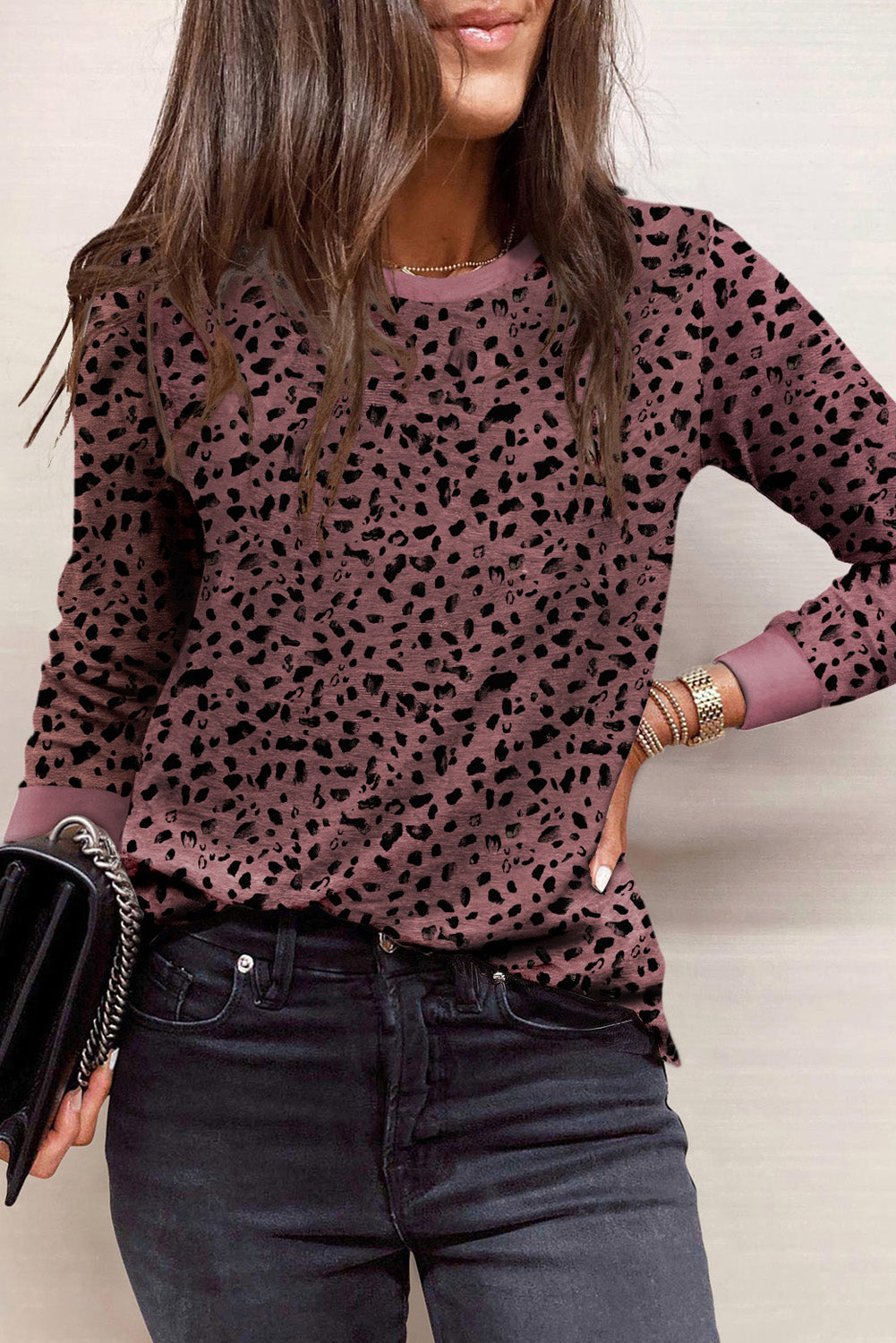 Animal Spotted Print Round Neck Long Sleeve Top