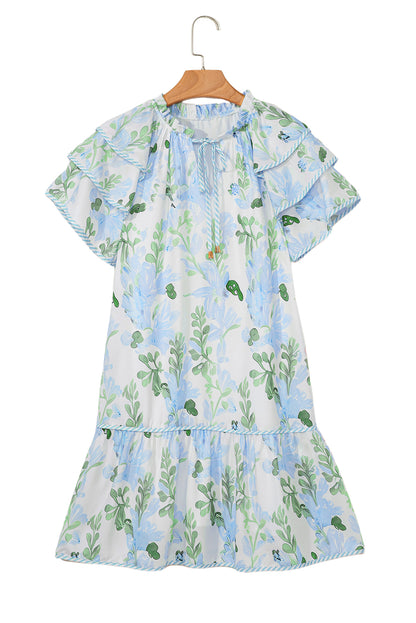 Sky Blue Floral Contrast Edge Layered Short Sleeve Mini Dress