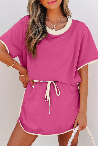 Rose Red Color block Edge Drop Shoulder T Shirt and Skirt 2Pcs Set
