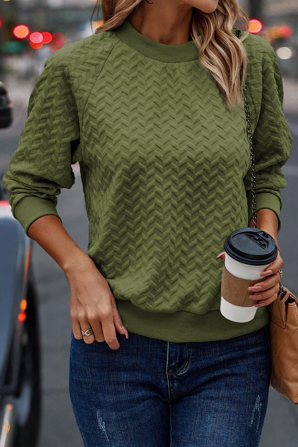 Jungle Green Solid Textured Raglan Sleeve Pullover Sweatshirt