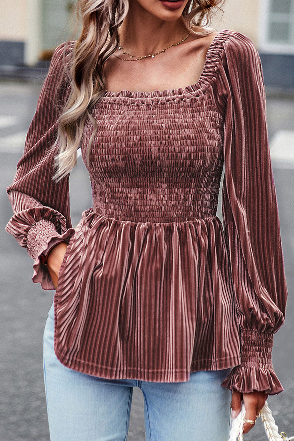 Pink Smocked Ribbed Velvet Babydoll Top